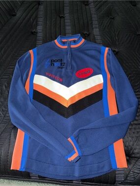 Louis Vuitton Blue Zip-Up Chevron Sweater with Orange & White Accents